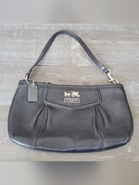 Coach Black Leather Wristlet Clutch with Silver Hardware